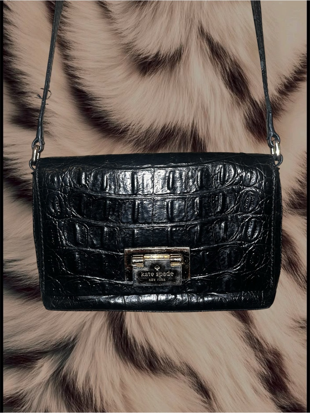 kate spade black croc-embossed leather crossbody with gold-tone lock